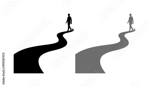 Silhouette of a person walking on a winding path, casting a distinct shadow.