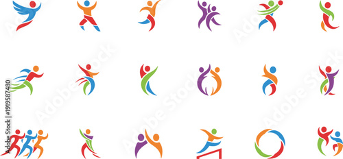 Large set of colorful abstract human silhouettes in dynamic motion for health success and community isolated on white background for creative logo design.