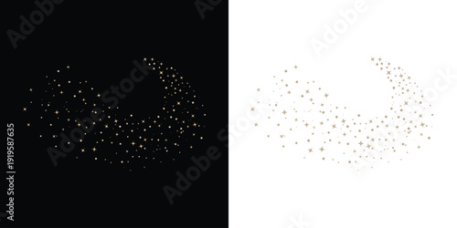 Abstract golden glitter particle swirl background with luxury sparkling dust effect on dark and light variations