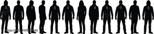 Large set of diverse men silhouettes wearing hoodies and casual streetwear standing in various poses isolated on white background for urban fashion and apparel.