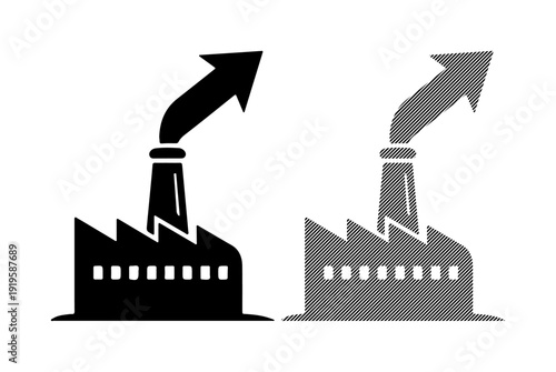 Factory chimney emitting upward arrow shaped smoke symbolizing industrial growth and progress.