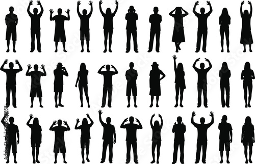 Large set of diverse people silhouettes standing in different poses with raised hands and gesturing isolated on white background for community and group design.