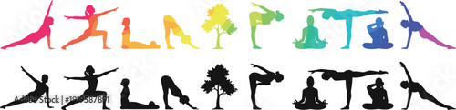 Large set of diverse yoga and fitness silhouettes in colorful gradient and black styles isolated on white background for wellness health and mindfulness design.