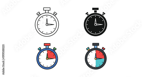 Four stylized stopwatch designs with varying color schemes and styles
