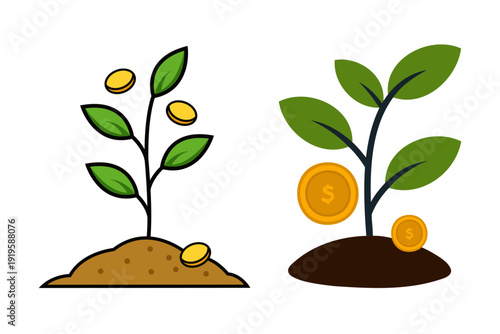 Illustration of plants growing with coins representing investment and growth over time