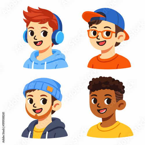 Friendly Boy Avatar Cartoon Portrait Set with Headphones and Caps