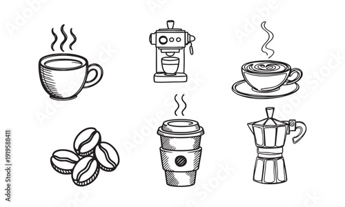 Coffee Beans, Cups, and Brewing Equipment Icons Collection