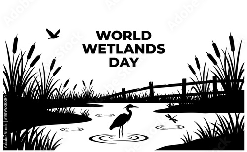Celebrating world wetlands day with striking black and white silhouettes of aquatic birds cattails and a delicate dragonfly hovering above the water surface