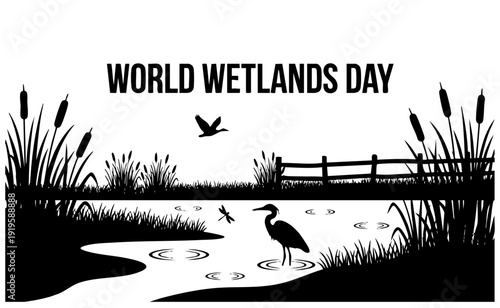 Celebrating world wetlands day with striking black and white silhouettes of aquatic birds cattails and a delicate dragonfly hovering above the water surface