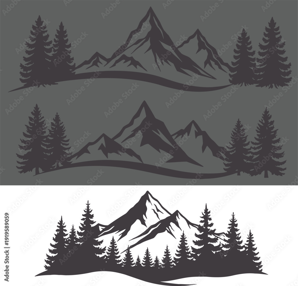 Fototapeta premium Mountain landscape with pine trees silhouette on gray and white background