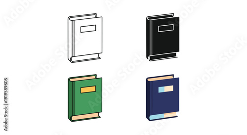 Four differently colored closed books displayed in a square formation
