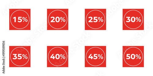 A set of red square labels displaying various discount percentages for a business promotion and advertising campaign