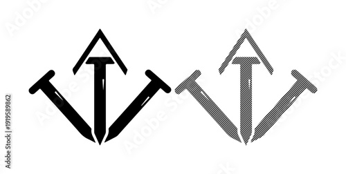 Symbolic representation of three nails forming an abstract arrow shape, symbolizing direction and construction.