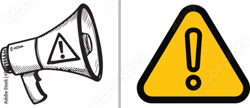 A split-frame vector featuring a hand-drawn megaphone with an exclamation mark and a bold yellow caution triangle, symbolizing alerts, warnings, and public announcements.