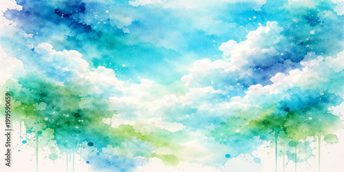 Beautiful abstract hand-drawn watercolor background featuring a sunny summer sky with white clouds and soft blue light for a serene nature atmosphere