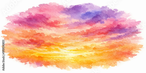 Hand drawn abstract watercolor background featuring a dramatic sunset cloudscape with beautiful orange and blue sunlight over a cloudy nature heaven at dawn