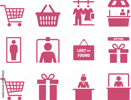 Retail and Shopping Center Facility Icon Set in Pink for Commercial Potential in Mall Wayfinding, E-commerce, and Customer Service Branding