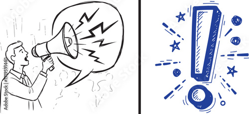 A dynamic hand-drawn vector featuring a man shouting into a megaphone with jagged sound lines, paired with a bold blue exclamation point surrounded by energetic stars and motion sparks.