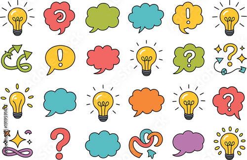 Hand Drawn Lightbulb and Creative Thought Element Collection for Commercial Potential in Startup Branding, Learning Apps, and Problem Solving Graphics