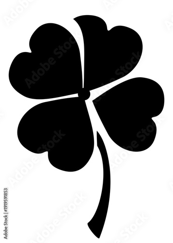 Four-leaf clover (shamrock leaf) black silhouette. Lucky charm. Symbol of Ireland. St. Patrick’s Day vector illustration