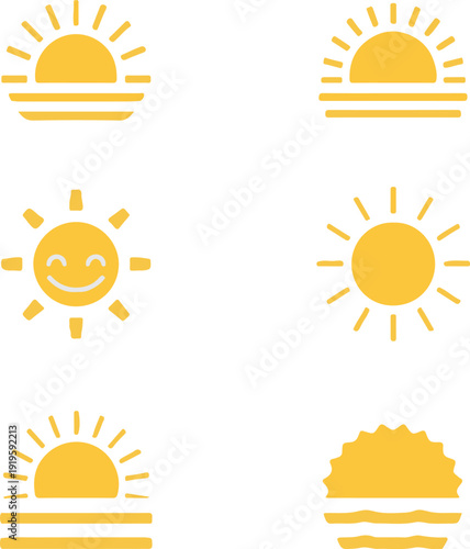 Time of the day icons showing morning sunrise, bright noon sun, evening sunset, and night moon with stars representing daily cycle, weather, astronomy, calendar, and environment concept