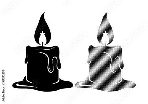 Two stylized candles with dripping wax and glowing flames on white background