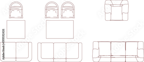 Minimalist living room furniture sets featuring various sofa configurations, coffee tables, and lounge chairs in top view.