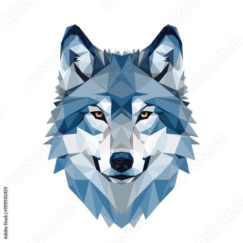 A striking polygonal art illustration of a wolf's head, featuring geometric shapes in shades of blue, grey, and white with piercing yellow eyes.