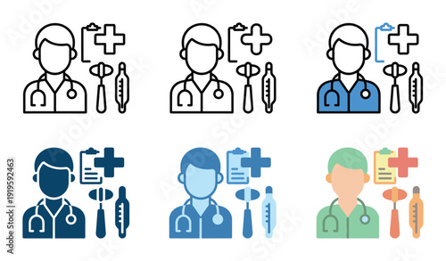 Medical icons set featuring doctor, stethoscope, clipboard, cross, reflex hammer, and thermometer