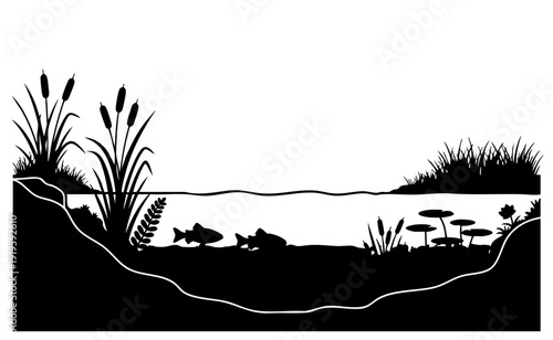 Black silhouette of natural eco background celebrating world wetlands day with diverse flora and fauna elements