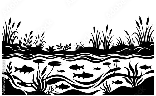 Black silhouette of natural eco background celebrating world wetlands day with diverse flora and fauna elements