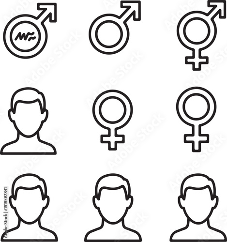Minimalist black outline icons featuring various gender symbols (male, female, combined) alongside simple head-and-shoulder male avatars, representing identity and social profiles.