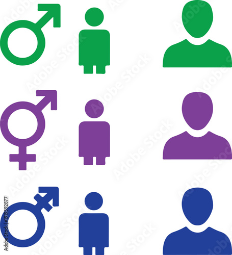 A colorful set of flat icons featuring gender symbols, stylized human figures, and head-and-shoulder avatars in green, purple, and blue to represent identity and diversity.