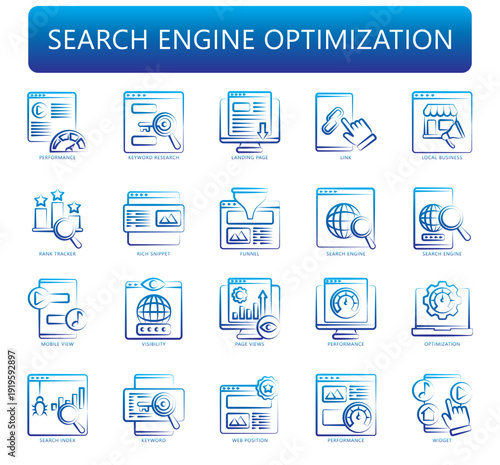 Search Engine Optimization gradient icon pack. contain performance, landing page, link, business, rank, funnel, search engine, mobile and more. Vector EPS 10 for UI, UX kit, web and app development