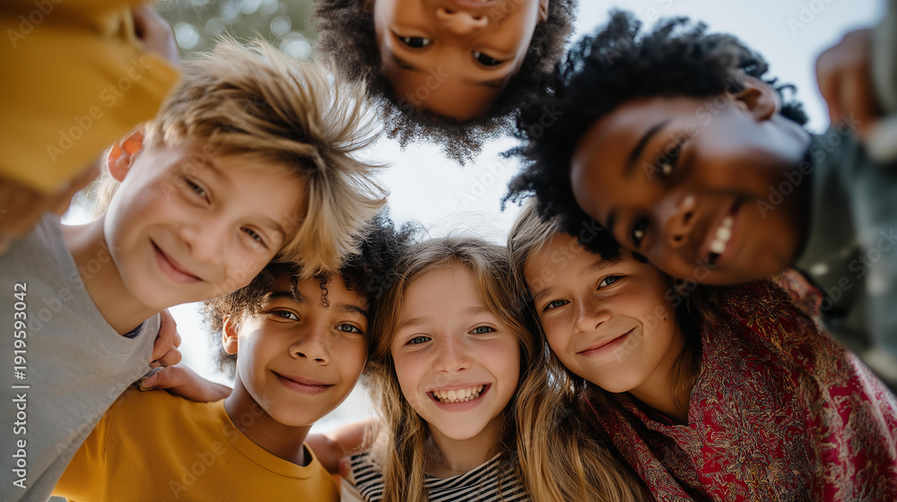 Fototapeta premium Faceless happy childhood with funny joyful preteen friends standing in circle looking down at camera, bottom view of cute boys and girls in colorful summer casual clothes hugging