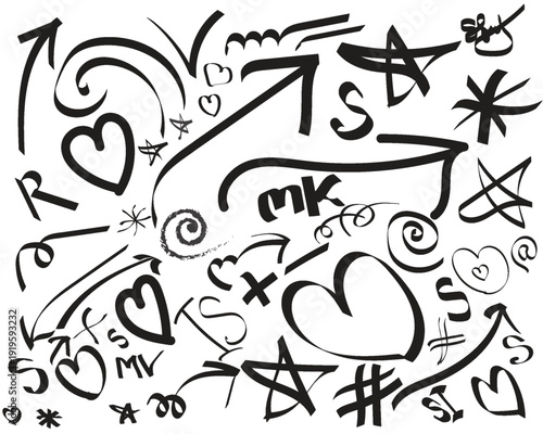 A collection of hand drawn doodles and symbols on a white background