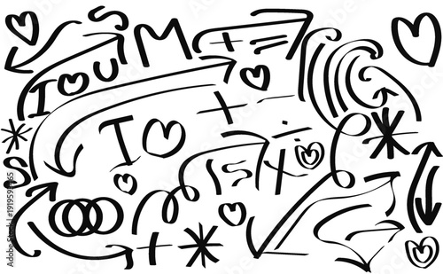 A black and white doodle with hearts stars and abstract shapes on a white background with text