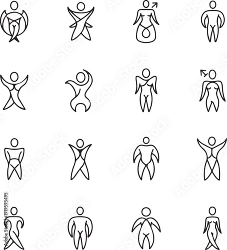A collection of 16 minimalist, black-and-white line art icons depicting stylized human figures in various abstract poses, emphasizing fluid movement, body diversity, and gender expression.