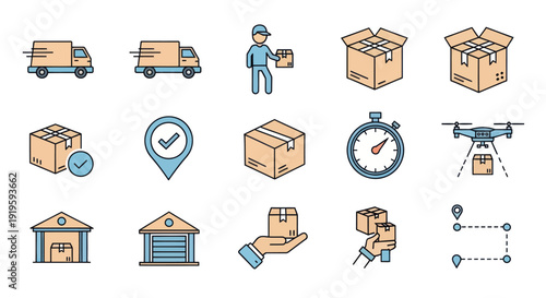 Delivery Service Icons: Truck, Drone, Package, Warehouse, Stopwatch, Location Pin