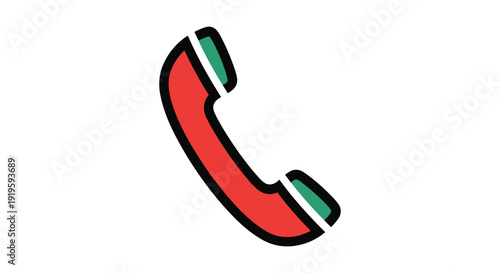 A stylized graphic of a red telephone receiver with a green base