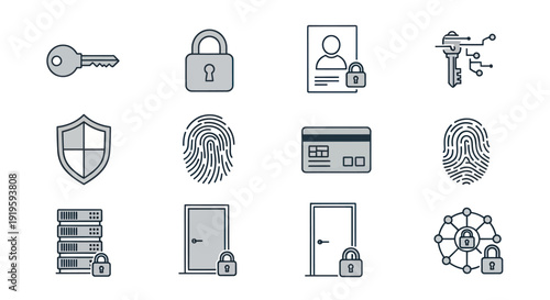 Digital Security Icons: Lock, Key, Fingerprint, Shield, Server, Credit Card, Door