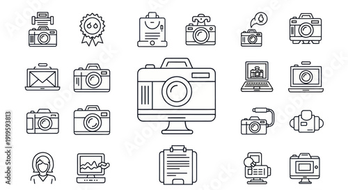 Digital Photography Icons Set: Cameras, Laptops, Awards, and More