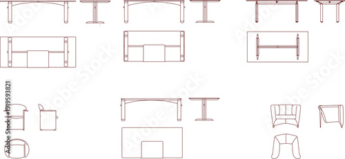 Furniture design set featuring minimalist office desks and lounge chairs in top view floor plan and front elevation icons.