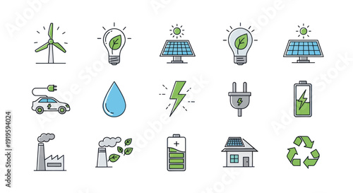 Eco Energy Icons: Renewable Power, Green Technology, Sustainability, Clean Energy