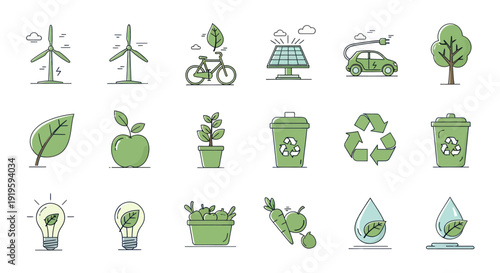 Eco Friendly Icons: Renewable Energy, Green Lifestyle, Sustainability, Nature