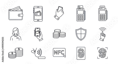 Contactless Payment Icons: Wallet, Phone, NFC, Fingerprint, Security, POS Terminal
