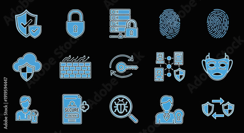 Cybersecurity Icons: Data Protection, Network Security, Identity, and Threat Detection