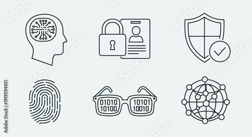Cybersecurity Icons: AI Brain, ID Card, Shield, Fingerprint, Binary Glasses, Network