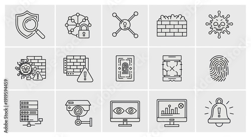 Cybersecurity Icons Set: Protection, Network Security, Firewall, Virus, Surveillance