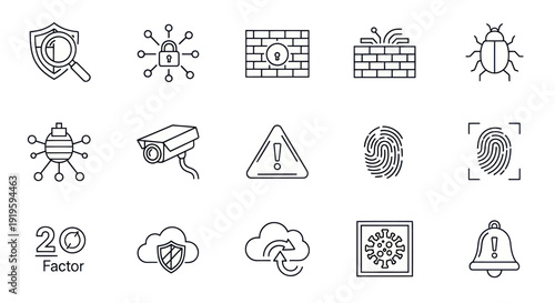 Cybersecurity Icons: Protection, Virus, Firewall, Biometrics, Cloud Security
